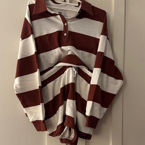 Beach Riot for Anthropologie-Burgundy and Cream Rugby and Short Set